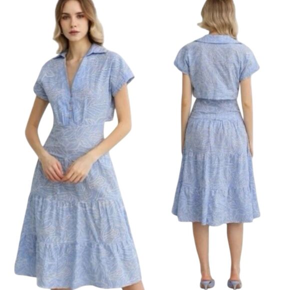 ZARA‎ Dress WMNS M Blue Embroidered Eyelet Midi  Shirt Cutwork V-Neck 7946/528 - Picture 6 of 16